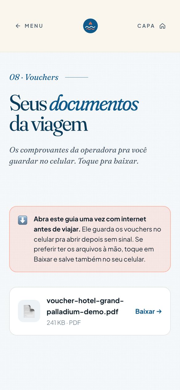 Seção de vouchers com o comprovante do hotel pra baixar